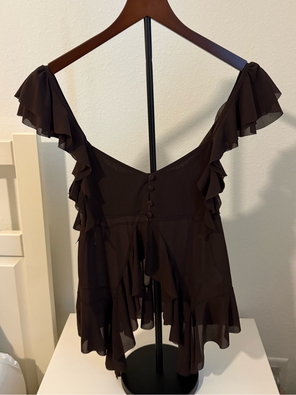 Zara Dark Brown Ruffle-Trim V-Neck Blouse
